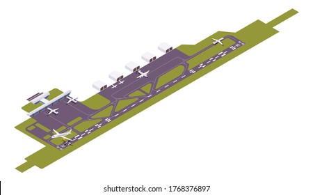 Isometric Vector Airport Runway With Take-off Airplane. 3d Station.