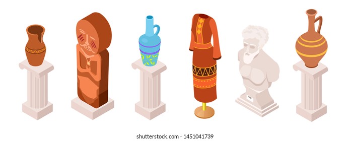 Isometric vector ancient museum exhibits, clothes and totems collection. Illustration of ancient museum sculpture, exposure statue