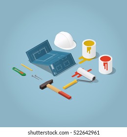 Isometric vector apartment room renovation illustration. Toolbox set: blueprint plan of room, buckets with paint, paint roller, helmet, hammer, nails, knife pencil. Repair and construction concept.