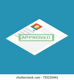 Isometric vector Approved paper document concept. Green Approved stamp on worker profile. Vector flat illustration. -stock vector