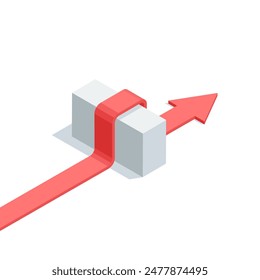 isometric vector arrow finds the way through the block, in color on a white background, overcoming difficulties in business or the path to success