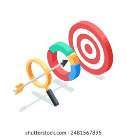 isometric vector arrow flying through a magnifying glass and a pie chart straight to the target, in color on a white background, achieving a goal or business success or precise analytical work