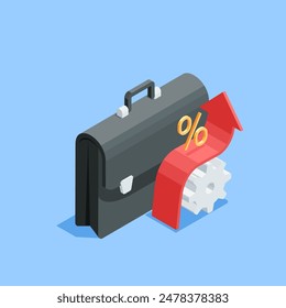 isometric vector arrow up over gear with percent icon and briefcase, in color on white background, financial growth or rising income