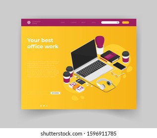 Isometric vector art creative office, workplace. Landing page