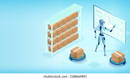 Isometric vector, automated warehouse, logistics center with AI and robot implementation 
