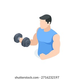 Avatar de Vector isométrico de un hombre deportivo con una mancuerna, en color sobre un fondo blanco, entrenador de fitness o entrenamiento con pesas adicionales