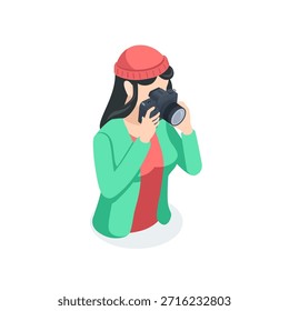 Avatar vetorial isométrico de uma mulher com uma câmera, em cor sobre um fundo branco, escola de fotografia ou fotógrafo profissional