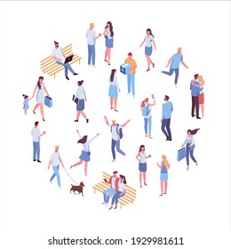 Isometric vector background people. City street, park. Different people walking outdoor, riding bicycle, sitting on bench, walking with friends, pets. Family together. Flat vector isolated.