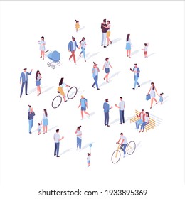 Isometric vector background people. City street, park. Different people walking outdoor, riding bicycle, sitting on bench, walking with friends, pets. Family together. Flat vector isolated.