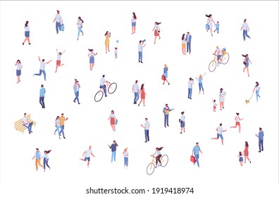 Isometric vector background people. Crowd. City street, park. Different people walking outdoor, riding bicycle, sitting on bench, walking with friends, pets. Family together. Flat vector isolated.