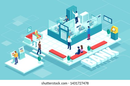 Isometric vector of bank interior branch with working employees, clients business people, financial advisor, cashiers, atm 