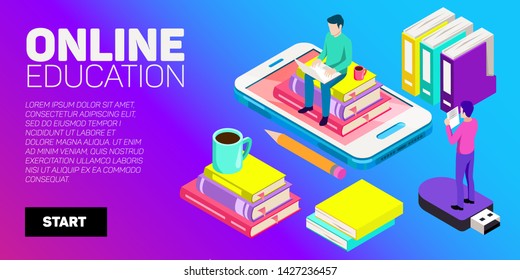 Isometric vector banner. Online education, learning, distant courses. School, college, unversity.
