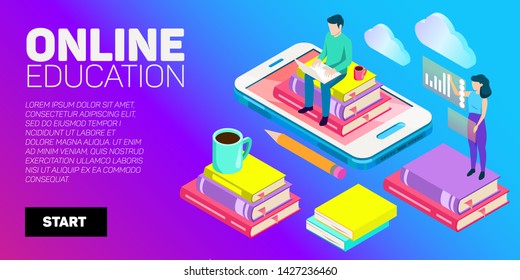 Isometric vector banner. Online education, learning, distant courses. School, college, unversity.