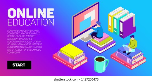 Isometric vector banner. Online education, learning, distant courses. School, college, unversity.
