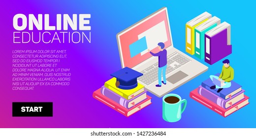 Isometric vector banner. Online education, learning, distant courses. School, college, unversity.