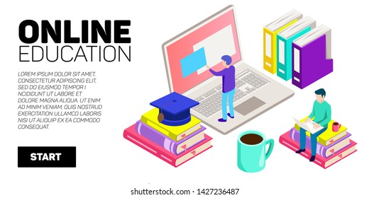 Isometric vector banner. Online education, learning, distant courses. School, college, unversity.
