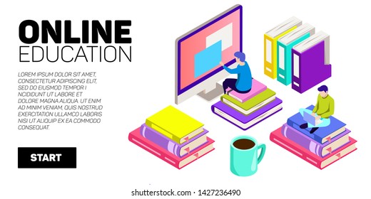 Isometric vector banner. Online education, learning, distant courses. School, college, unversity.