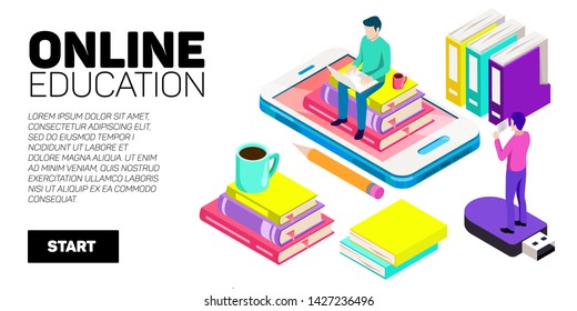 Isometric vector banner. Online education, learning, distant courses. School, college, unversity.