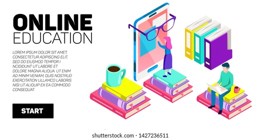Isometric vector banner. Online education, learning, distant courses. School, college, unversity.