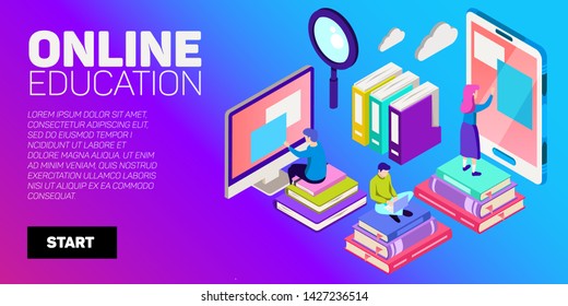 Isometric vector banner. Online education, learning, distant courses. School, college, unversity.