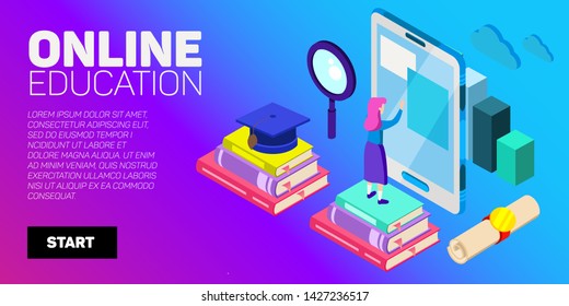 Isometric vector banner. Online education, learning, distant courses. School, college, unversity.