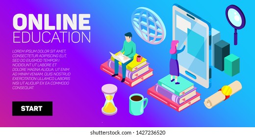 Isometric vector banner. Online education, learning, distant courses. School, college, unversity.