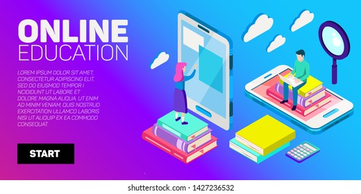 Isometric vector banner. Online education, learning, distant courses. School, college, unversity.