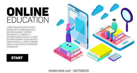 Isometric vector banner. Online education, learning, distant courses. School, college, unversity.