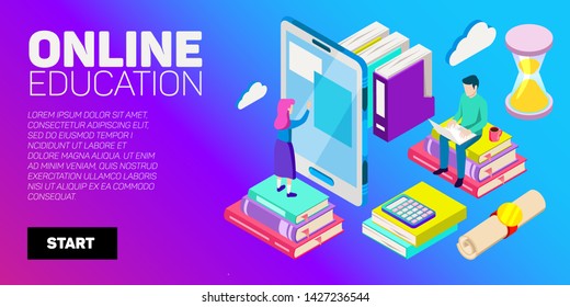 Isometric vector banner. Online education, learning, distant courses. School, college, unversity.