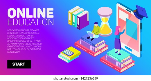 Isometric vector banner. Online education, learning, distant courses. School, college, unversity.