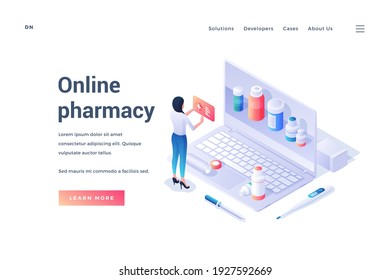 Isometric vector banner for service of online pharmacy with woman using laptop for buying medicines on website isolated on white background