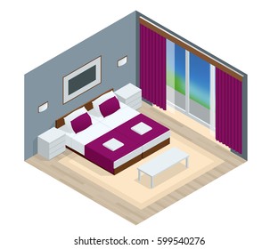 Isometric  vector Bedroom interior. Interior of a modern new hotel apartment