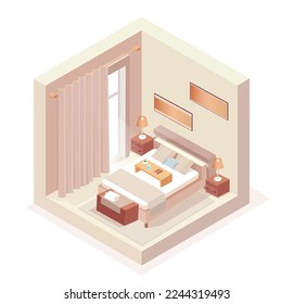 Isometric vector of a bedroom interior wuth bed and night stand lamps. 