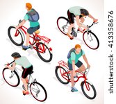 Isometric Vector Bicycle cyclist group sportsman. Cyclist Bike icon. 3D Flat isometric people set cyclist bicycle icons. Fitness Group Cycling Mountain Bike People vector image