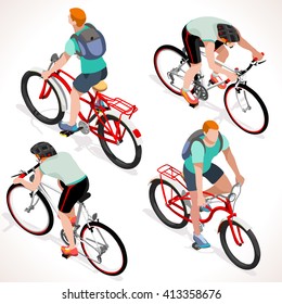 Isometric Vector Bicycle cyclist group sportsman. Cyclist Bike icon. 3D Flat isometric people set cyclist bicycle icons. Fitness Group Cycling Mountain Bike People vector image