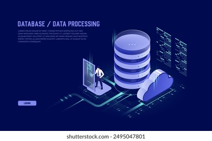 Isometric Vector of Big Data Flow Processing: Cloud Databases, Web Hosting, and Server Room Icons in Ultraviolet