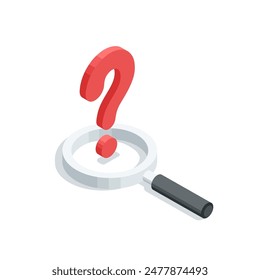 isometric vector big question mark and magnifying glass, in color on a white background, searching for a solution to a problem or analyzing it