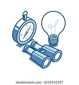 binóculos vetoriais isométricos com bússola e ícone linear de lâmpada, em cor sobre fundo branco, pesquisar ideias de negócios