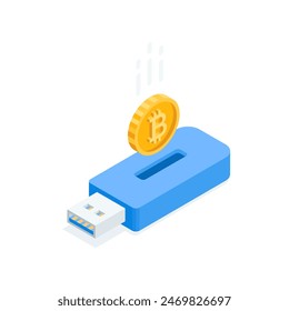isometric vector bitcoin coin falling into a piggy bank in the form of a flash drive, in color on a white background, cryptocurrency or digital money
