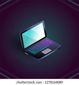 Isometric vector blank laptop isolated on dark blue