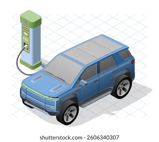 Isometric vector of a blue electric SUV charging at a station. Realistic details with a modern touch. Ideal for eco-friendly transportation, automotive ads, and sustainable energy visuals.