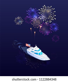 Isometric Vector Boat With Fireworks Celebration