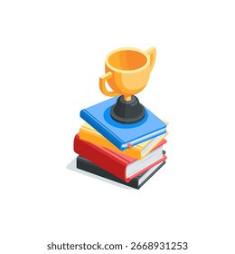isometric vector books and trophy, in color on white background, academic achievement or knowledge