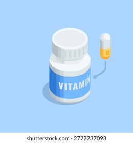 Isometrische Vektorflasche mit einer Vitaminkapsel in Farbe auf blauem Hintergrund, Medikamente und Nahrungsergänzungsmittel für die Gesundheit