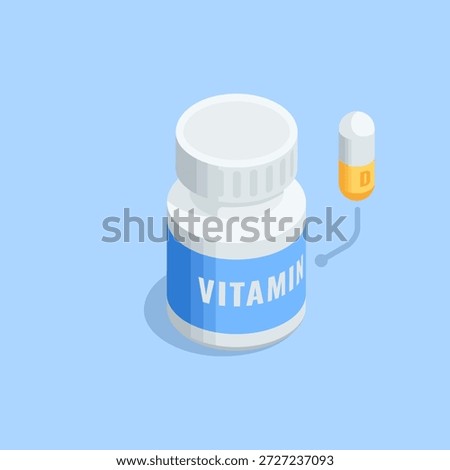 Isometric vector bottle with a vitamin capsule, in color on a blue background, medicines and dietary supplements for health