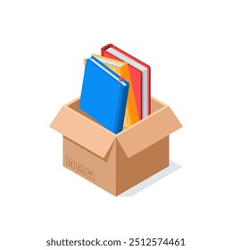 isometric vector box and books, in color on white background, bookstore or mailing