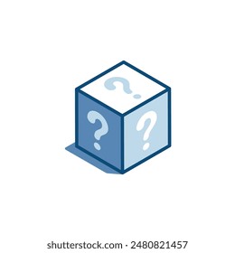 isometric vector box linear icon with question marks, in color on white background, mystery box