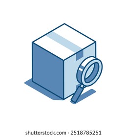 isometric vector box and magnifier linear icon, in color on white background, package tracking or search order