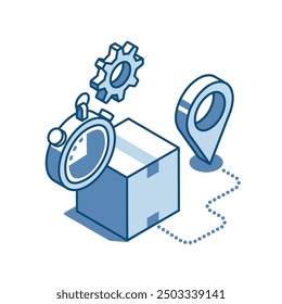 isometric vector box and stopwatch with a gear and a location linear icon, in color on white background, fast and accurate parcel delivery or postal service