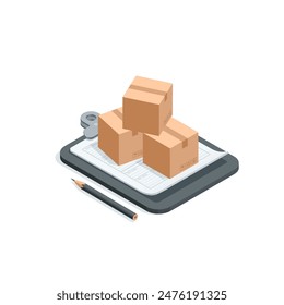 isometric vector boxes on a tablet with a document and a pencil, in color on a white background, warehouse documentation or merchandising